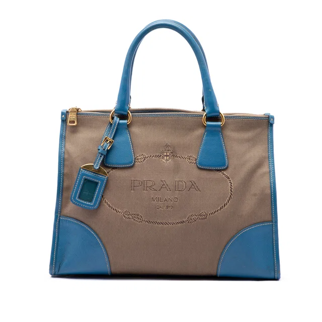 Brown Prada Saffiano Trimmed Canvas Canapa Logo Double Zip Satchel in Brown Saffiano leather from Designer Revival