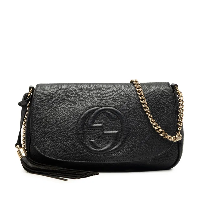 Black Gucci Medium Calfskin Soho Chain Flap Crossbody in Black Calfskin from Designer Revival