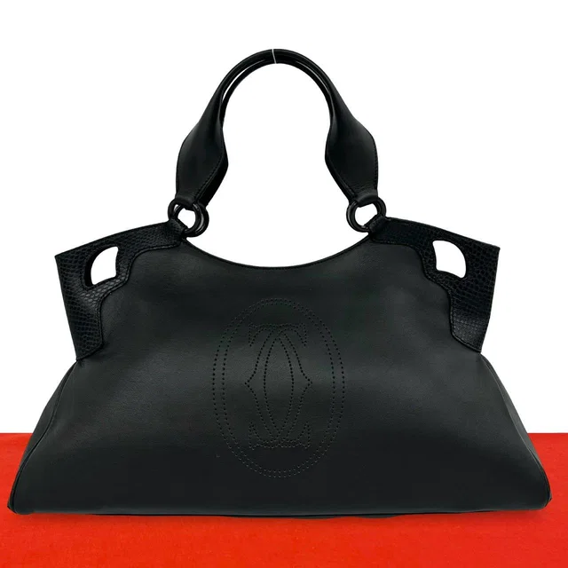 Cartier Marcello Perforated Logo Leather Tote Mini Boston Bag Black in Black Leather from The Reluxe