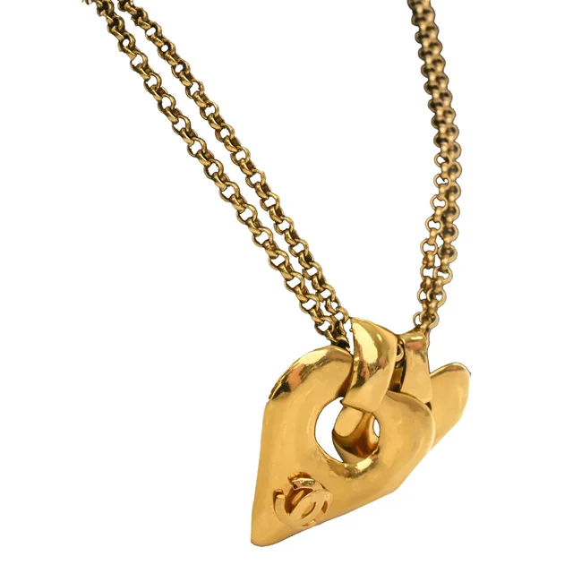 Gold Chanel CC Gold Plated Double Heart Pendant Necklace in Gold from Designer Revival, photo 2 of 2
