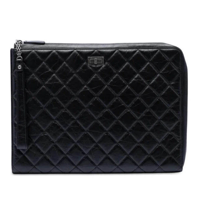 Black Chanel Large Aged Calfskin Reissue 2.55 Pouch with Handle Clutch Bag in Black Calfskin from Designer Revival