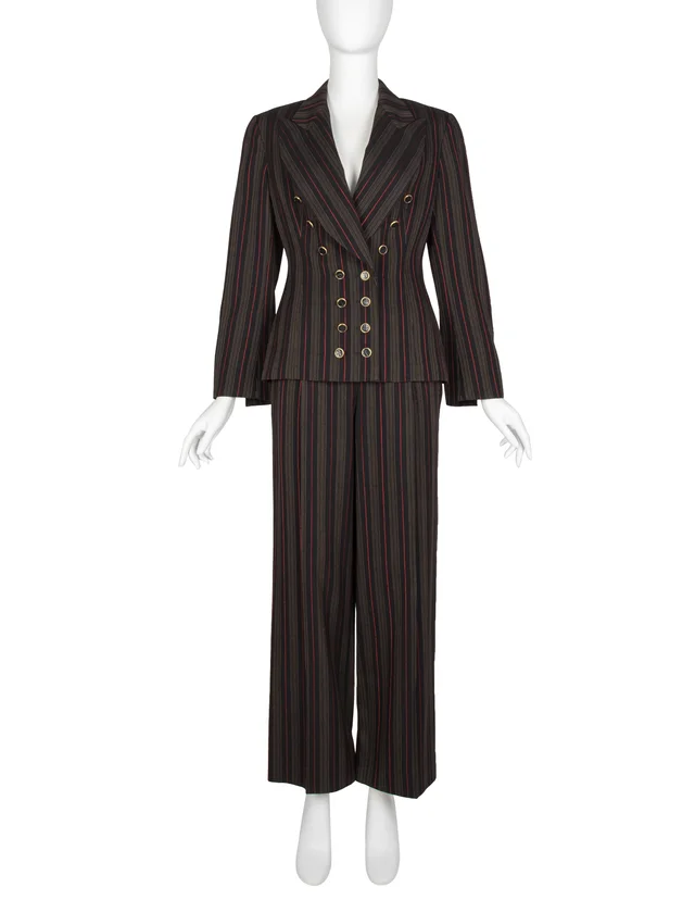 Dior by Gianfranco Ferre Vintage AW 1994 Black Red Striped Jacket and Pant Suit in Black Crocodile from Amarcord Vintage Fashion