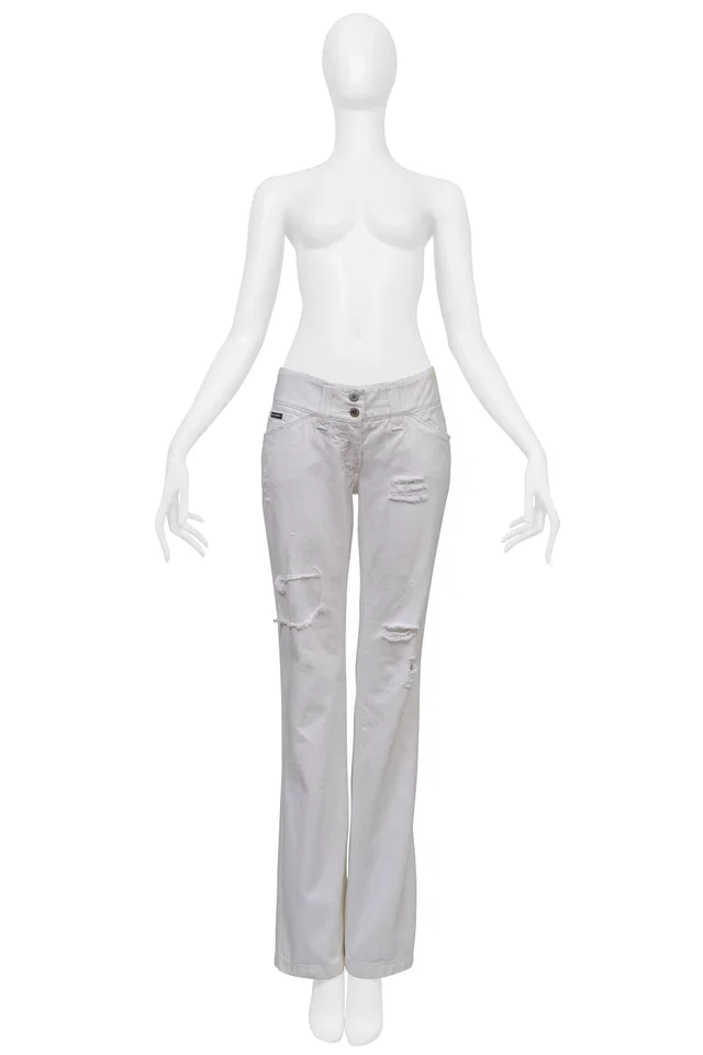 Dolce & Gabbana High-waisted Distressed White Pants in White Denim from Resurrection Vintage