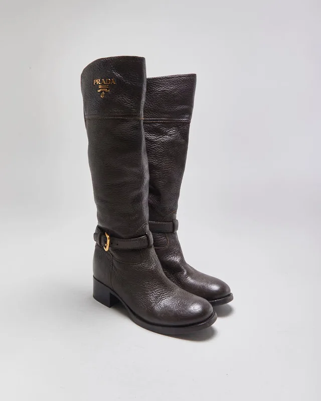 Prada Chestnut Pebble Grain Calfskin Leather Knee High Heeled Riding Boots - UK3.5 in Calfskin from Rokit Vintage