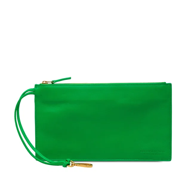 Green Bottega Veneta Leather Zipped Pocket Pouch in Green Leather from Designer Revival