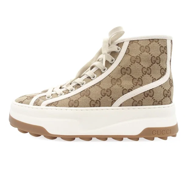 Gucci Tennis Beige Canvas Leather High Cut Sneakers in Beige Canvas from The Reluxe