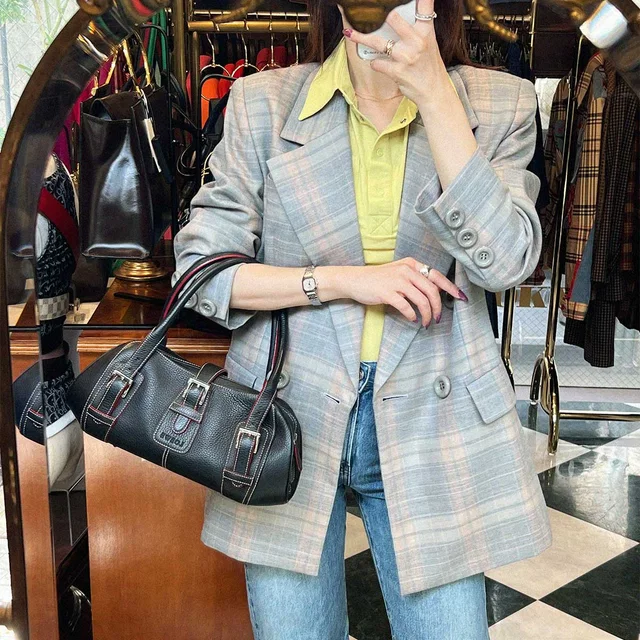 Dior Checked Pattern Double-Breasted Jacket #M Gray in Grey Wool from VINTAGE QOO TOKYO