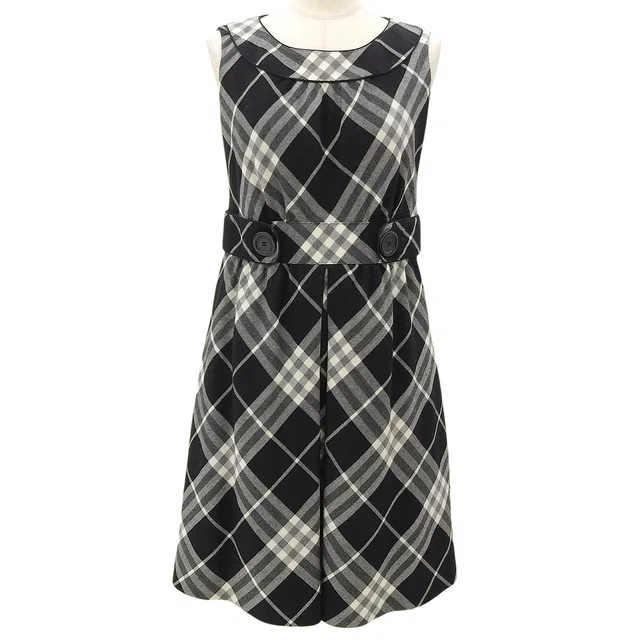 Burberry Checked Pattern Logo Button Sleeveless Dress #38 Black/White in Black Wool from VINTAGE QOO TOKYO