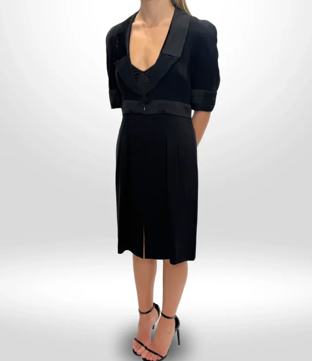 Chanel 07A Black Satin-Trim Tuxedo Dress in Black Satin from Revivre