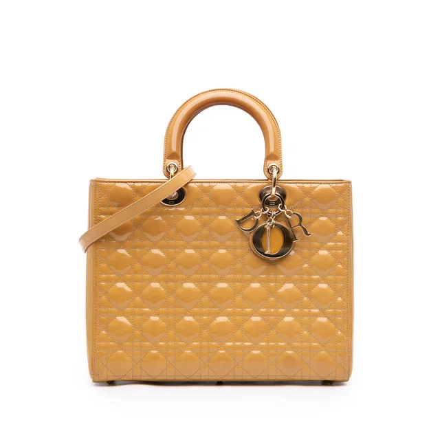 Beige Dior Large Patent Cannage Lady Dior Satchel in Beige Patent leather from Designer Revival