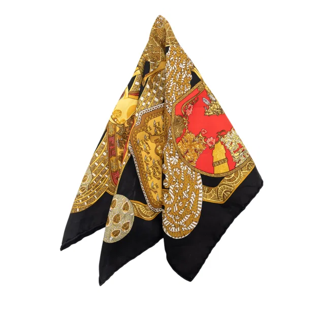 Black Hermès Art des Steppes Silk Handkerchief in Black Silk from Designer Revival