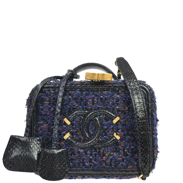 Chanel 2018-2019 Navy Black Tweed Python Filigree 2way Shoulder Vanity Handbag in Black Python from AMORE Vintage Tokyo