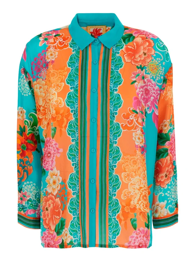JOHNNY WAS 'The Audrey Button Up Shirt' Multicolor Shirt with Classic Collar and All-Over Floral Motif in silk for Women in Multicolor, photo 2 of 6 from Gaudenzi Boutique