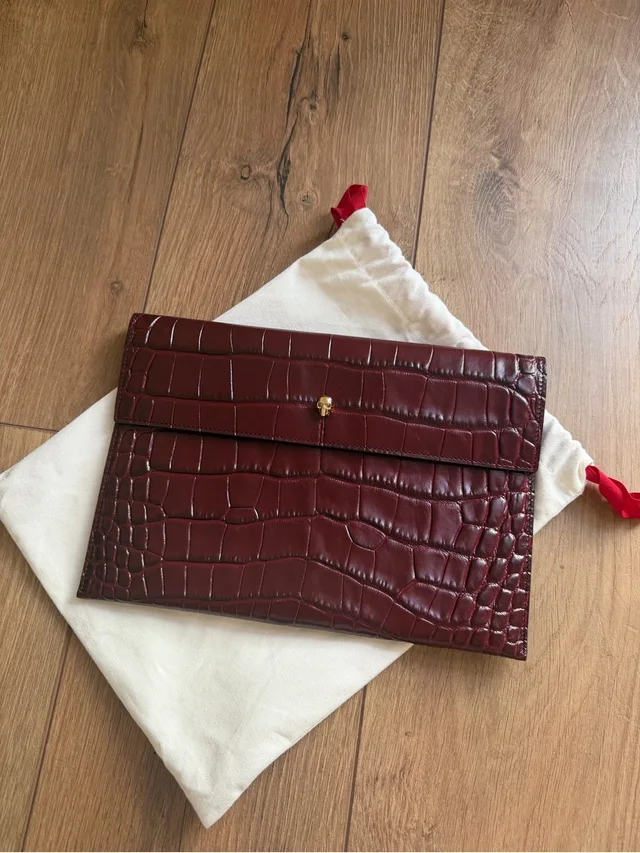 Alexander McQueen Burgundy Croc-Embossed Envelope Clutch in red Crocodile from Poshmark
