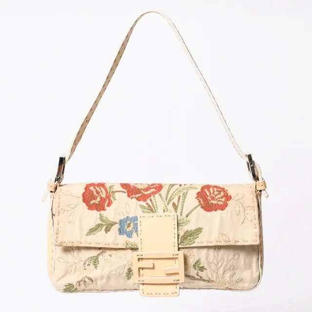 Fendi Selleria Mamma Bucket Flower Embroidery Shoulder Bag Botanical Pattern FF in Canvas from The Reluxe
