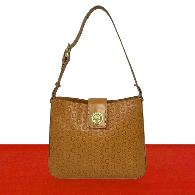 Celine C Macadam Blason Triomphe Logo Leather Shoulder Bag Brown Camel in Brown Leather from The Reluxe