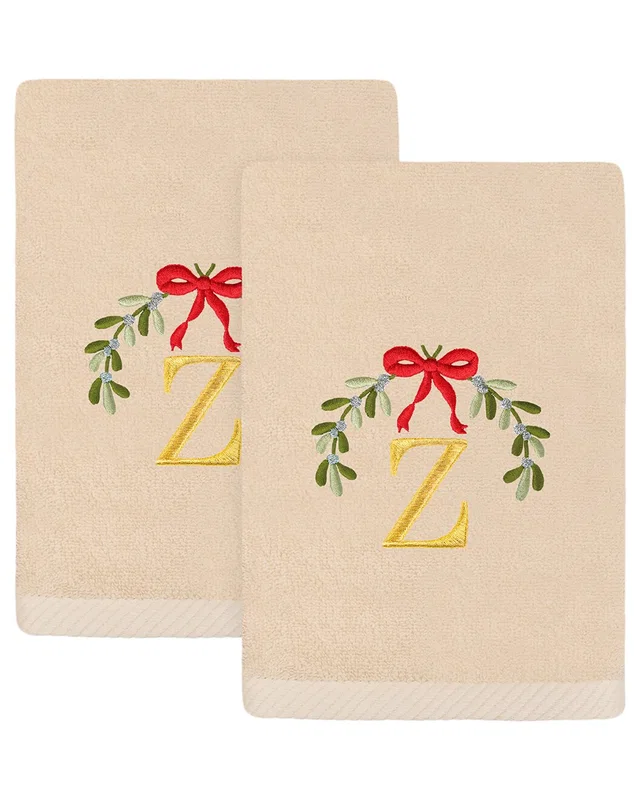 Linum Home Textiles Set of 2 Christmas Mistletoe Monogram Embroidered Luxury Turkish Cotton Hand Towels (A-Z), image 1 of 1 from Rue La La
