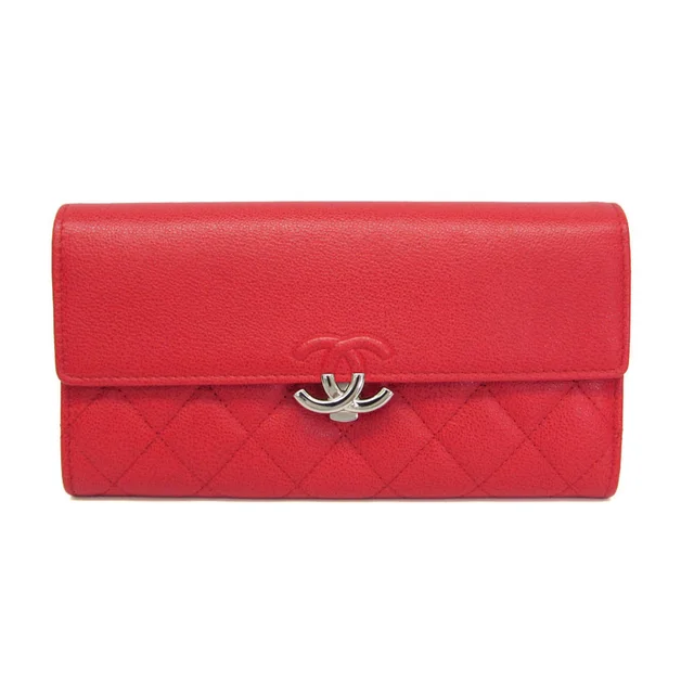 Chanel Matelasse Half Coco Women's Grained Calfskin Long Wallet (bi-fold) Red Color in Red color Grained Calfskin from Elady