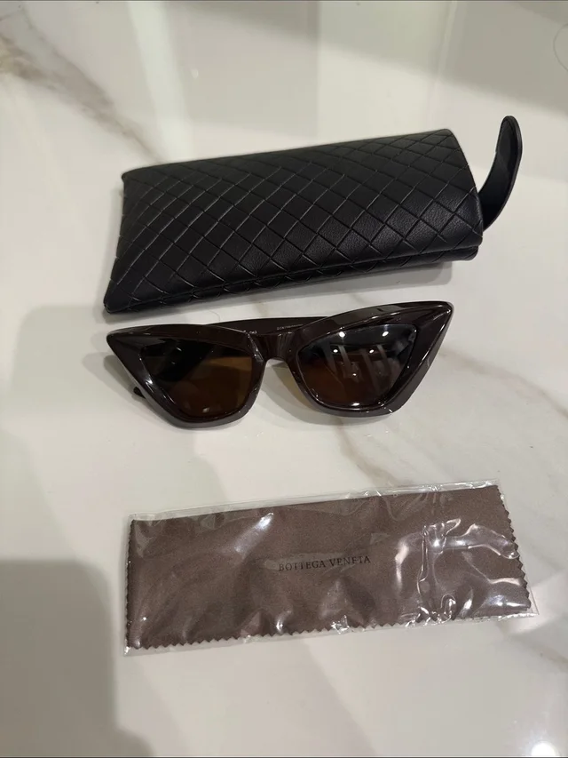 Bottega Veneta Dark Brown Cat-Eye Sunglasses With Black Woven Case in brown|red|black Woven leather from Poshmark