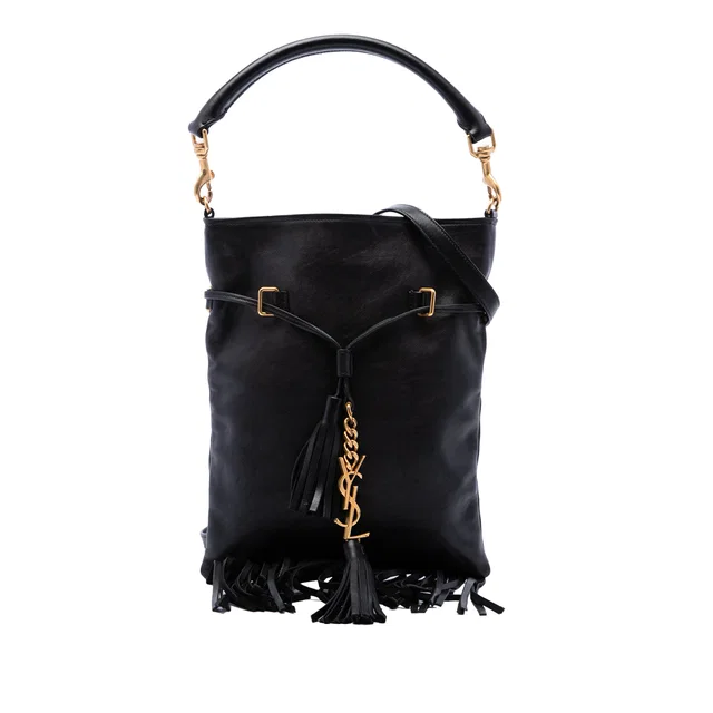 Black Saint Laurent Small Leather Fringe Flat Bucket Bag Satchel in Black Leather from Designer Revival