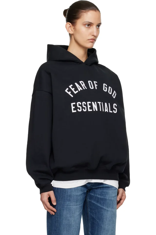 Fear of God ESSENTIALS Black Varsity 90s Hoodie, photo 2 of 4 from SSENSE