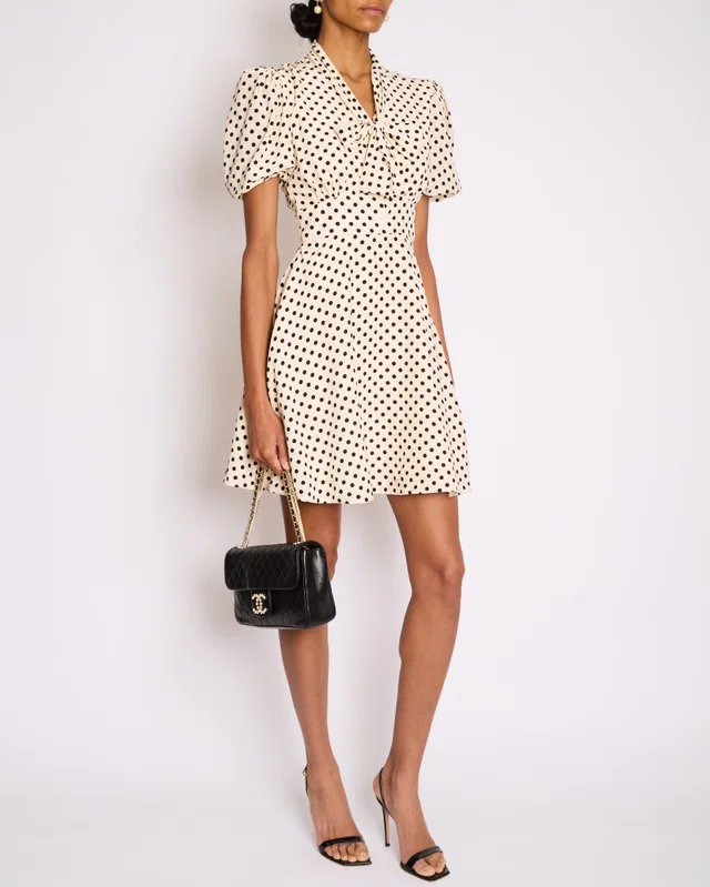Miu Miu White Polka Dot Silk Dress with Bow Collar and Short Puff Sleeves Size IT 38 (UK 6) in White Silk from Sellier