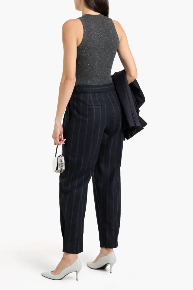 Brunello Cucinelli Pinstriped Wool-Blend Tapered Pants in Midnight blue, photo 3 of 4 from THE OUTNET