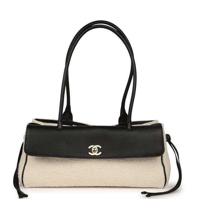 Chanel Small "Urban Essential" East West Shopping Tote Black Calfskin and White Tweed Boucle Gold… in Black Calfskin from Madison Avenue Couture