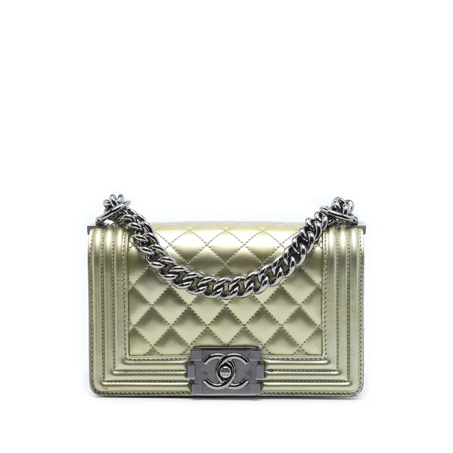 Gold Chanel Small Bicolor Quilted Metallic Patent Boy Flap Crossbody Bag in Gold Patent leather from Designer Revival