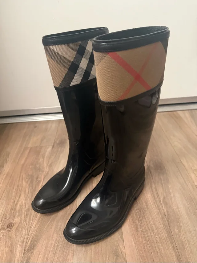 Burberry Black Patent Rain Boots With Beige Nova Check And Red Stripe in red|black|brown Patent leather from Poshmark
