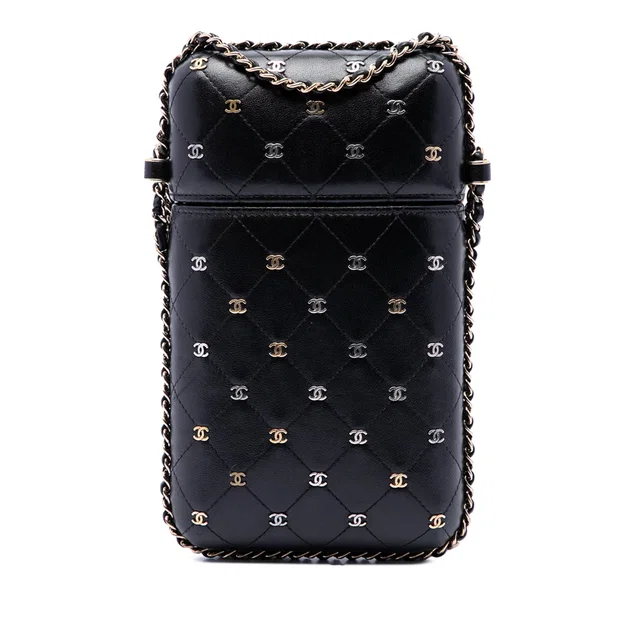 Black Chanel CC Quilted and Studded Lambskin Chain Around Phone Holder Crossbody Bag in Black Lambskin from Designer Revival