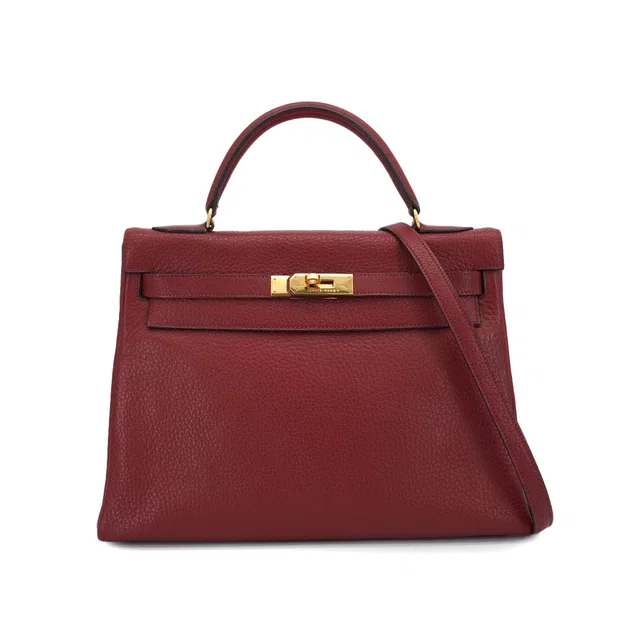 Hermès Kelly 32 Retourne Rouge H Taurillon Clemence Hand Shoulder Bag 1982 Circle L Gold Hardware in Burgundy Clemence leather from Luxury Promise