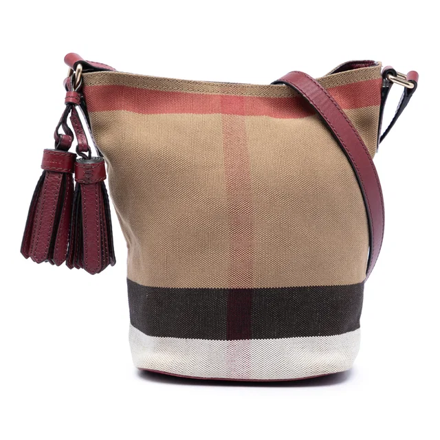 Brown Burberry Mini Mega Check Canvas Ashby Tassel Bucket Bag in Brown Canvas from Designer Revival