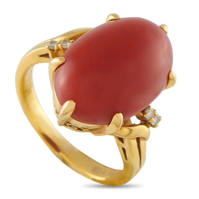Mikimoto 18K Yellow Gold Diamond and Coral Ring MK17 102025 in yellow|gold|pink from Jomashop.com