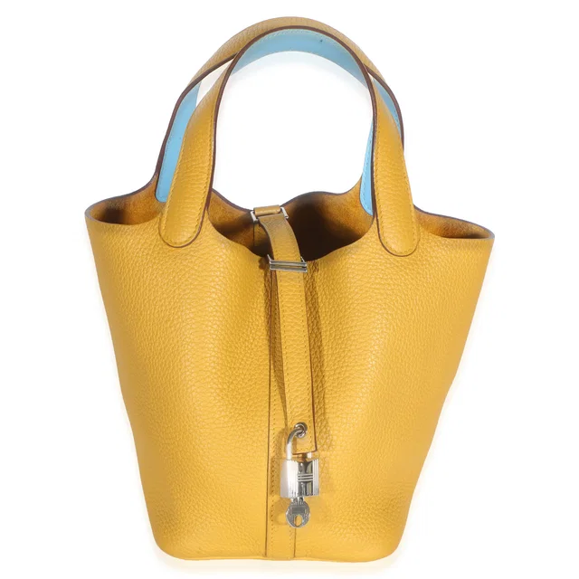 Hermès Jaune Ambre Celeste Clemence Eclat Picotin Lock 18 PM PHW in Yellow Clemence leather from myGemma