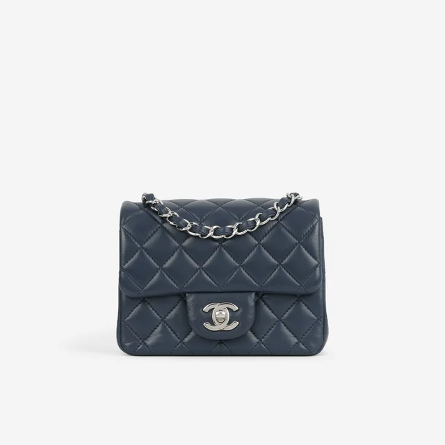Chanel Mini Square - Navy Lambskin | Silver Hardware in Navy Lambskin from Bagista