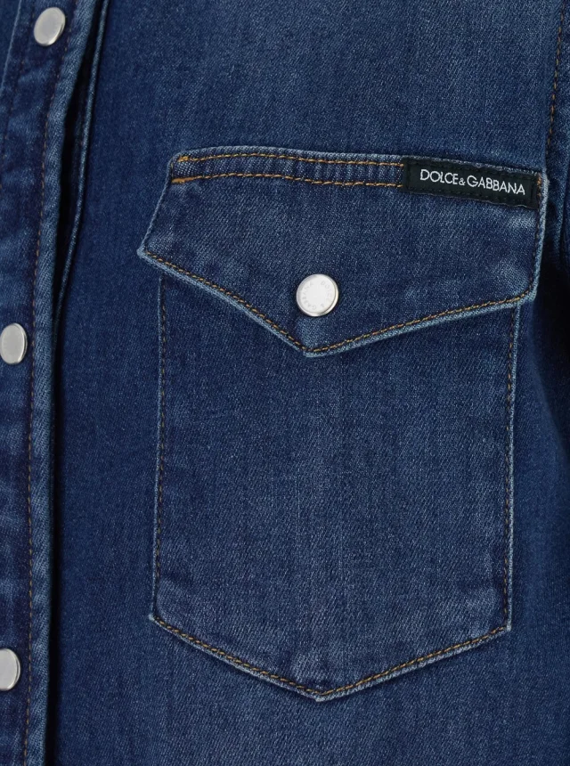 DOLCE E GABBANA blue Shirt with classic collar and metallic logo patch on the back in denim for women in Black, photo 5 of 6 from Gaudenzi Boutique