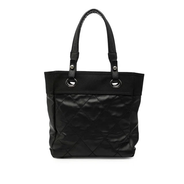 Black Chanel Small Quilted Coated Canvas Paris Biarritz Tote in Black Coated canvas from Designer Revival, photo 1 of 1