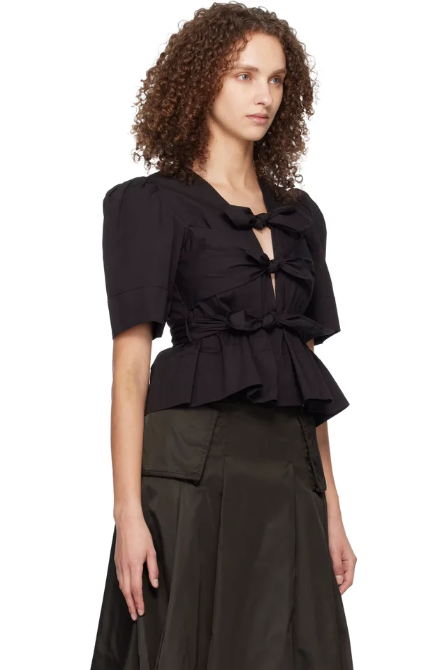 GANNI Black Washed Stretch Cotton Tie Strap Blouse, photo 2 of 4 from SSENSE