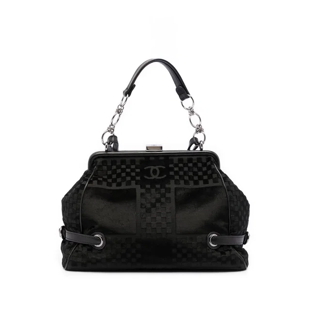 Black Chanel CC Check Embossed Velvet Belted Side Frame Bag in Black Velvet from Designer Revival