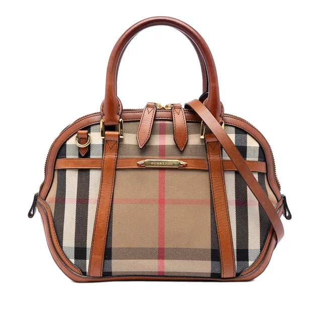 Brown Burberry Small Leather Trimmed House Check Canvas Bridle Orchard Satchel in Brown Canvas from Designer Revival