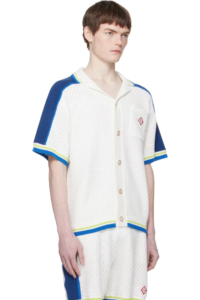 Casablanca Off-White & Blue Short Sleeve Crochet Shirt, photo 2 of 4 from SSENSE
