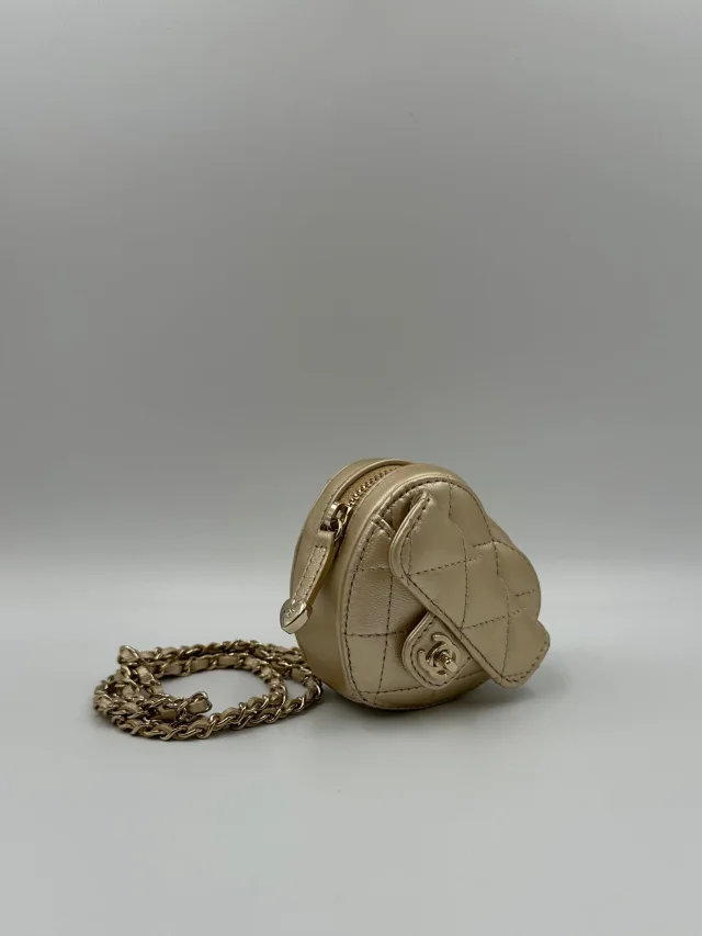 LONDON LOCATED* CHANEL MINI HEART NECKLACE Gold Lambskin Leather with Champagne-Toned Metal in Gold Lambskin from Luxury Promise, photo 3 of 9