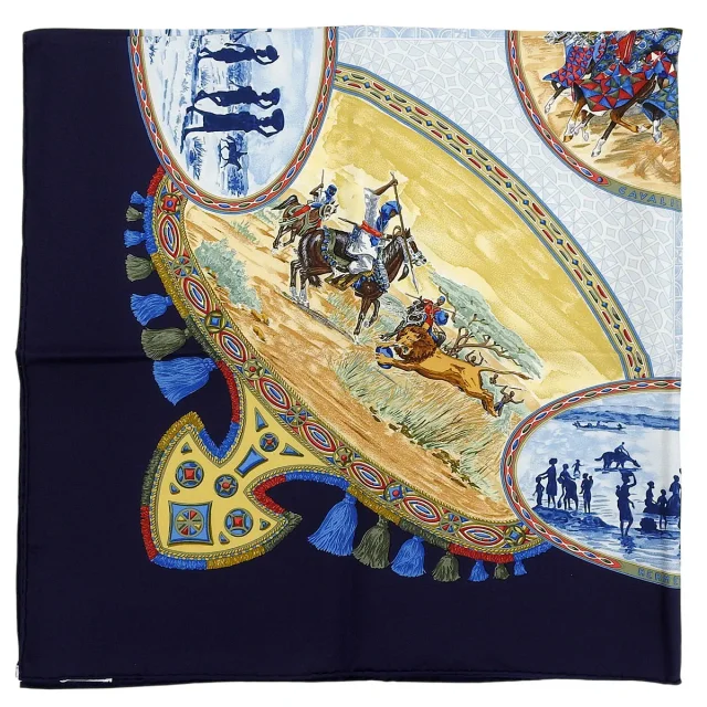 Hermès Carré 90 Cavaliers Peuls Pattern Scarf Navy/Multi in Navy Silk from VINTAGE QOO TOKYO, photo 2 of 10