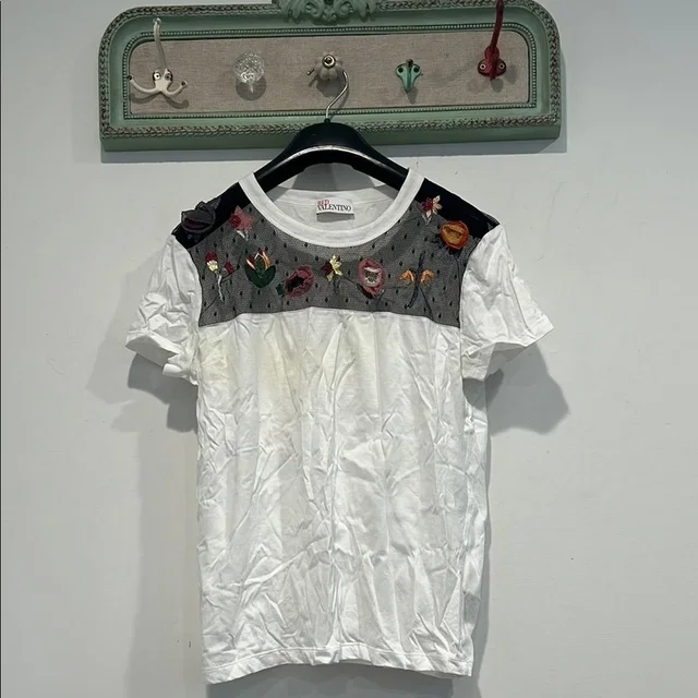 REDValentino White Short Sleeve Spring Summer Tee With Floral Embroidery Large in black|white from Poshmark