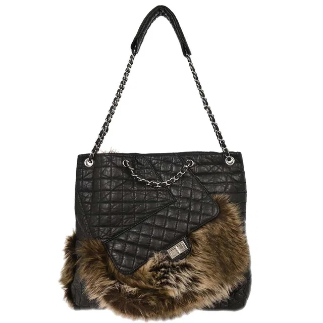 Chanel 2009-2010 Black Calfskin Faux Fur Mademoiselle Lock Shoulder Bag in Black Calfskin from AMORE Vintage Tokyo