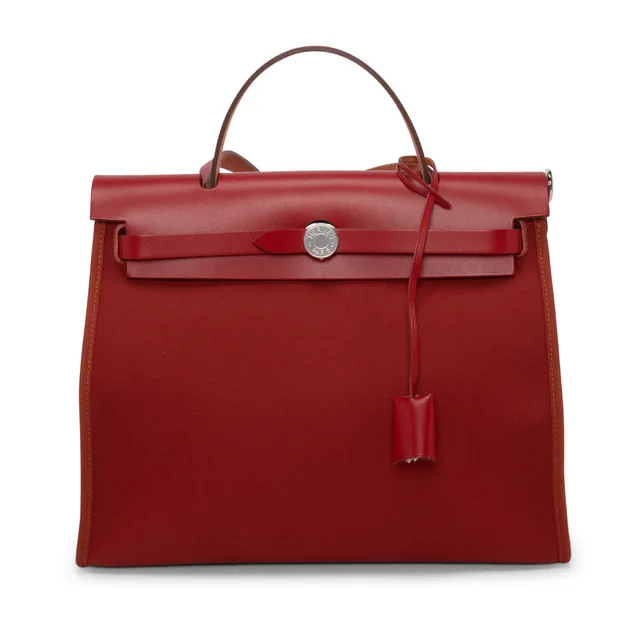 Hermès Leather & Officier Canvas Herbag 31 Bag in Rouge Piment Canvas from Blue Spinach