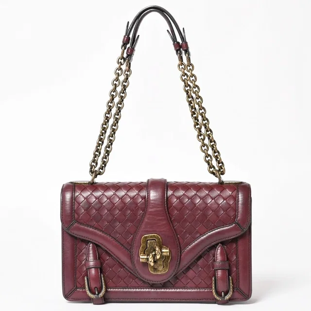Bottega Veneta Intrecciato Limpia Knot Chain Shoulder Bag Red Calfskin Wine in Burgundy Calfskin from The Reluxe