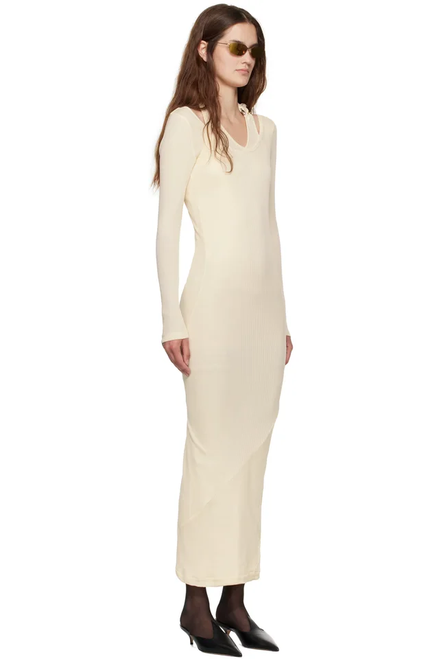 Jean Paul Gaultier Off-White Ribbed Twisted Double Layer Piercing Midi Dress, photo 2 of 4 from SSENSE