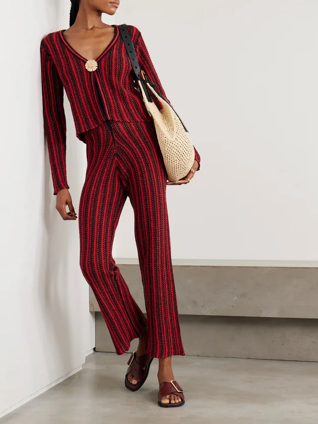 THE ELDER STATESMAN Appliquéd raffia-trimmed striped open-knit cotton cardigan in Red, photo 2 of 2 from NET-A-PORTER (Canada)